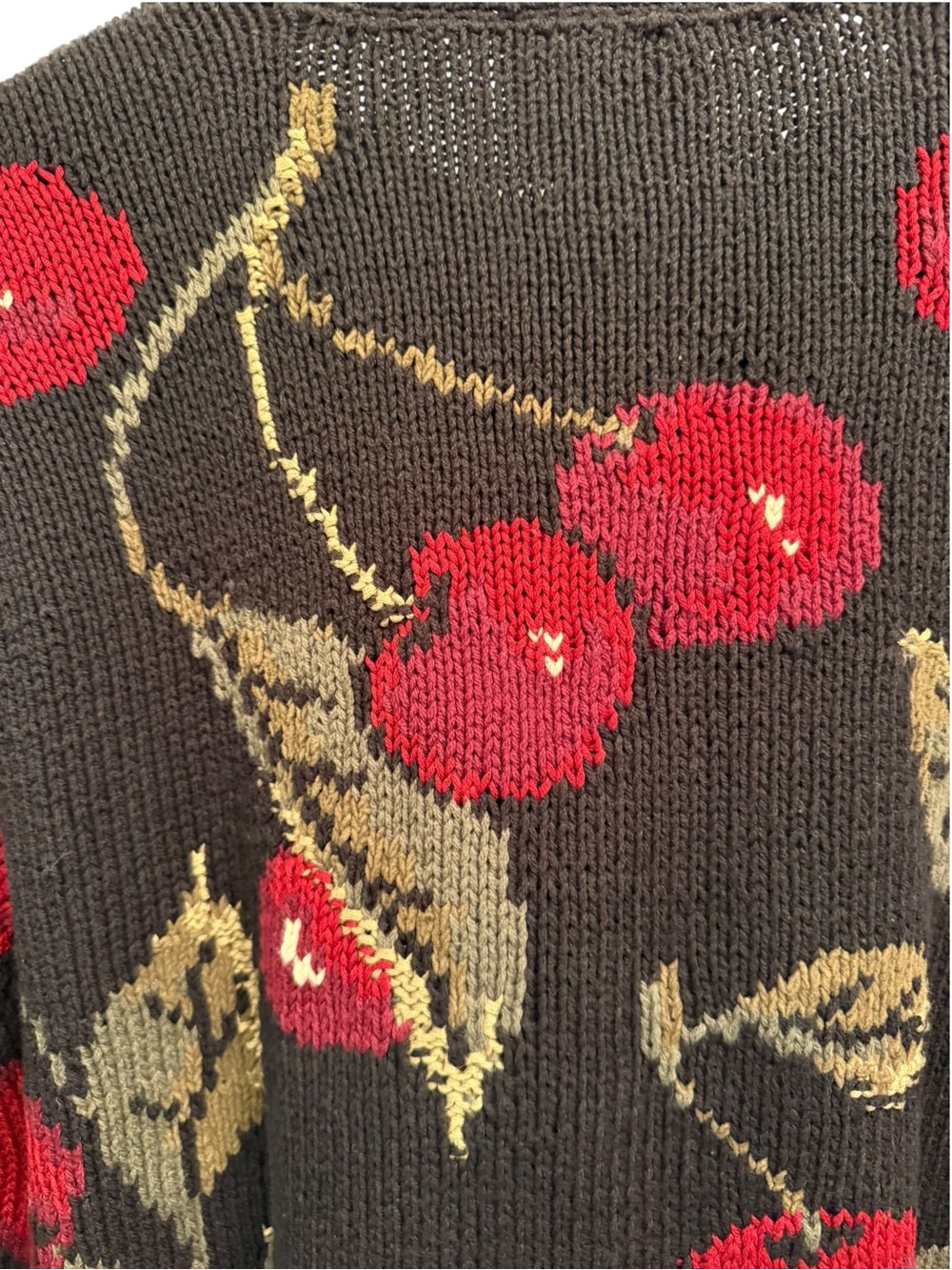 Vintage Talbots Chunk Knit Cardigan Sweater Black with Cherries Medium Petite - Picture 5 of 13